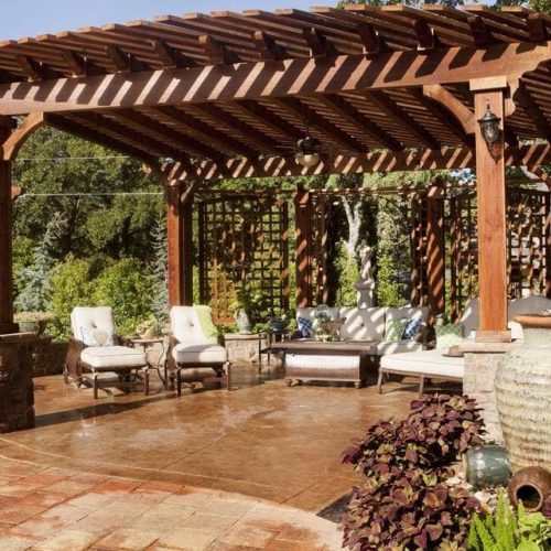 Create a serene outdoor paradise using graceful pergolas, comfortable patio covers, and subtle ambient lighting in Argyle 76226