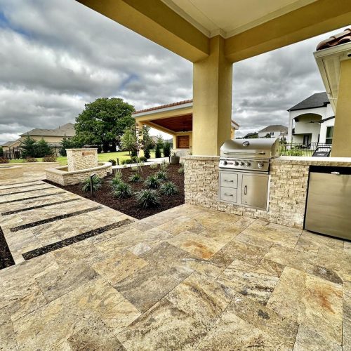 Fashion an idyllic patio setting with elegant pergolas, warm patio covers, and soft ambient lighting in Flower Mound 76262