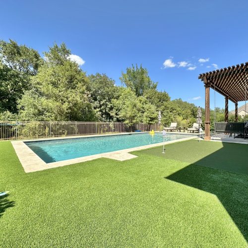 Outdoor space and pristine turf in Highland Village 75077