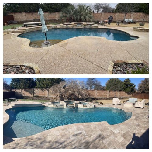 Inviting pool deck remodel with travertine pavers in Flower Mound 76226