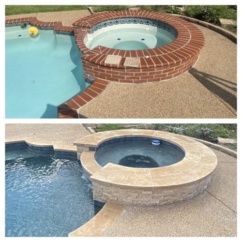 Inviting pool deck with travertine pavers in Flower Mound 76262